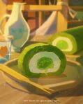  absurdres blurry cake chair clip_studio_paint_(medium) commentary_request cup day depth_of_field food food_focus glint gwagwagwa highres indoors lens_flare light_particles matcha_(food) original pitcher_(container) pixiv_username plate shadow still_life swiss_roll table utensil water watermark wooden_table 