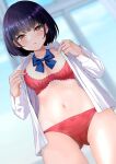  1girl black_hair blurry blurry_background blush bob_cut bra brown_eyes collarbone collared_shirt commentary highres indoors iwanishi long_sleeves looking_at_viewer navel open_clothes open_shirt original panties parted_lips red_bra red_panties school_uniform shirt smile solo standing stomach thigh_gap underwear white_shirt window 