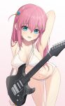  1girl absurdres arm_up armpits bangom_r bikini blue_eyes blush bocchi_the_rock! breasts cleavage cube_hair_ornament electric_guitar gibson_les_paul gotou_hitori guitar hair_between_eyes hair_ornament highres holding holding_instrument instrument large_breasts long_hair looking_at_viewer mole mole_on_armpit navel open_mouth pink_hair side_ahoge solo stomach swimsuit thighs white_bikini yamaha_pacifica 
