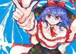  1girl arm_up black_headwear black_skirt blue_hair capelet closed_mouth frilled_capelet frills hair_between_eyes hat hat_ribbon index_finger_raised itomugi-kun long_sleeves nagae_iku red_eyes red_ribbon ribbon shirt short_hair skirt smile solo touhou upper_body white_capelet white_shirt 