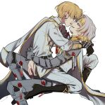  1boy 1girl absurdres armor blonde_hair boots cape collared_shirt earrings gauntlets grey_eyes grey_hair highres imminent_kiss jewelry kromer_(limbus_company) limbus_company multicolored_hair pants pillosopi project_moon shirt shoulder_armor sinclair_(limbus_company) single_gauntlet yellow_eyes 