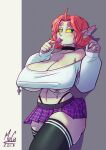 absurd_res big_breasts bottomwear breasts candy cleavage clothed clothing dessert female food goblin green_body green_skin hi_res huge_breasts humanoid legwear licking lollipop macu nipple_piercing nipples not_furry piercing skirt solo thigh_highs tongue tongue_out 