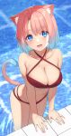  1girl absurdres animal_ears bare_arms bare_shoulders bikini blue_eyes blush bob_cut breasts cat_ears cat_girl cat_tail cleavage collarbone commentary_request criss-cross_halter day fingernails glint go-1 gradient_hair gradient_tail halterneck highres huge_breasts leaning_forward lips looking_at_viewer lower_teeth_only multicolored_hair nail_polish open_mouth original pink_hair pink_nails pool poolside red_bikini smile solo swimsuit tail teeth thighs tile_floor tiles two-tone_hair 