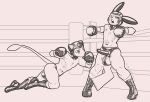  2023 anthro ballboxing balls balls_outline boxing boxing_gloves bulge clothed clothing cock_sheath dcheese detailed_bulge digital_media_(artwork) duo erection erection_under_clothing fight fighting_ring generation_1_pokemon genital_outline genitals handwear hi_res leather leather_clothing leather_headgear legendary_pokemon levitation male male/male mew_(pokemon) monochrome nintendo open_mouth penis_clothing penis_outline pikachu pokemon pokemon_(species) sport thong tremble_spikes underwear 