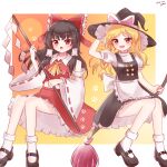  2girls :d bare_legs bare_shoulders blonde_hair bobby_socks breasts broom broom_riding brown_hair d: dated full_body gohei hair_tubes hakurei_reimu hat highres holding holding_stick kirisame_marisa long_hair multiple_girls orange_eyes paw_print red_eyes shen_bi_ren_(user_rjgy2824) simple_background small_breasts smile socks stick touhou unfinished_dream_of_all_living_ghost witch_hat 