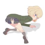  1girl arm_support bent_over between_legs black_skirt black_socks blonde_hair blue_eyes blush bob_cut brown_footwear closed_mouth commentary_request frown girls_und_panzer green_jacket hand_between_legs jacket katyusha_(girls_und_panzer) kayabakoro kneeling loafers long_sleeves looking_at_viewer looking_back miniskirt pleated_skirt pravda_school_uniform school_uniform shadow shoes short_hair simple_background skirt skirt_tug socks solo white_background 