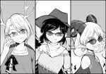  3girls bandana bare_shoulders commentary_request cowboy_hat cowboy_western curly_hair dragon_girl dragon_horns dress glasses greyscale happy hat horns kachuten kicchou_yachie kurokoma_saki medium_hair monochrome multiple_girls off-shoulder_dress off_shoulder pegasus_wings pointy_ears rectangular_eyewear rectangular_pupils round_eyewear semi-rimless_eyewear sharp_teeth sheep_horns shirt short_hair short_sleeves smile strapless strapless_dress teeth touhou toutetsu_yuuma turtle_shell 