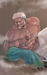  1boy ^_^ abs aegir_(housamo) aqua_hair bara beard closed_eyes dark-skinned_male dark_skin facial_hair facing_viewer fingernails fins fish_boy grin jewelry large_pectorals leaning_to_the_side male_focus mature_male multicolored_hair muscular muscular_male mustache_stubble navel necklace nipples noramoso pectorals sauna sharp_fingernails short_hair smile solo steam stomach streaked_hair tokyo_afterschool_summoners topless_male towel towel_around_neck very_sweaty white_hair 