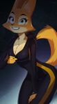  anthro bodysuit breasts canid canine clothing diane_foxington dreamworks eyebrow_piercing facial_piercing female fingers fox fur green_eyes hi_res looking_at_viewer mammal omeki orange_body orange_fur piercing simple_background skinsuit smile smiling_at_viewer solo the_bad_guys tight_clothing 