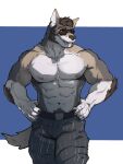  2022 3:4 anthro barazoku belt big_pecs body_hair bottomwear canid canine canis clothed clothing coyote echo_(series) echo_project eyewear facial_hair front_view fur hair hands_on_hips hi_res looking_aside male mammal multicolored_body multicolored_fur muscular muscular_male nipples notched_ear nullshark1 pants pecs portrait shirtless solo the_smoke_room three-quarter_portrait topless visual_novel william_adler 