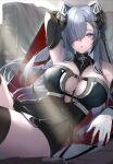  1girl :o absurdres arm_up august_von_parseval_(azur_lane) azur_lane bare_shoulders between_breasts black_dress black_horns black_thighhighs breasts cleavage clothing_cutout couch cross cross-laced_clothes cross-laced_dress curled_horns dress gloves hair_over_one_eye highres horns iron_blood_(emblem) large_breasts long_hair looking_at_viewer mechanical_horns on_couch purple_eyes sankyo_(821-scoville) solo strap_between_breasts thighhighs thighs two-tone_dress very_long_hair white_gloves 