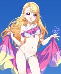  1girl absurdres bikini blonde_hair blush braid braided_bangs breasts cameltoe covered_clitoris covered_nipples cure_butterfly double_v erect_clitoris highres hijiri_ageha hirogaru_sky!_precure impossible_clothes long_hair looking_at_viewer micro_bikini navel niko_(tama) open_mouth precure purple_eyes shiny_clothes side-tie_bikini_bottom skin_tight smile solo swimsuit v 
