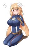  1girl absurdres belt_pouch blonde_hair blue_bodysuit bodysuit boots breasts brooklyn_(kancolle) brown_footwear brown_gloves captain_america captain_america_(cosplay) cosplay dated flower full_body gloves hair_flower hair_ornament hands_on_own_chest highres kantai_collection large_breasts maru_(marg0613) marvel one-hour_drawing_challenge pouch red_eyes simple_background sitting solo star_(symbol) superhero twitter_username wariza white_background 