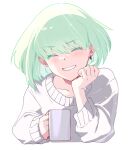  1boy ahoge alternate_costume backlighting casual closed_eyes colored_eyelashes cup floating_hair green_hair grin happy head_rest holding holding_cup light_blush lio_fotia male_focus mug ns1123 otoko_no_ko promare purple_eyes short_hair simple_background smile solo sweater white_background white_sweater 