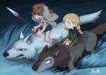  2girls blonde_hair brown_footwear brown_hair cape crossover facial_mark grey_eyes highres jewelry lalah_7th mask mask_on_head moll_mactire mononoke_hime multiple_girls necklace pants polearm riding robyn_goodfellowe san_(mononoke_hime) skirt spear trait_connection weapon wolf wolfwalkers 