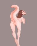  2023 anthro anus biped black_nose butt digital_media_(artwork) discreet_user female genitals grey_background hi_res looking_at_viewer looking_back looking_back_at_viewer multicolored_body pink_body presenting presenting_hindquarters pussy raised_tail reptile scalie simple_background solo tail white_body white_eyes wide_eyed 