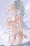 1girl absurdres bare_shoulders bikini blush breasts breasts_apart day double-parted_bangs forehead from_side grey_eyes grey_hair groin hand_on_own_chest high_ponytail highres kumagai_yuka legs_apart long_hair looking_at_viewer medium_breasts navel original outdoors parted_lips raised_eyebrows side-tie_bikini_bottom solo stomach string_bikini swimsuit very_long_hair wading water white_bikini 