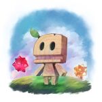  blue_sky cloud commentary_request day full_body grass highres hollow_eyes leaf leaf_on_head mario_(series) no_humans omochiutyu simple_background sky solo star_bit super_mario_galaxy_2 white_background whittle_(super_mario_galaxy_2) wood 