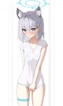  1girl absurdres animal_ear_fluff animal_ears blue_archive blue_eyes blush breasts closed_mouth clothes_pull collarbone cowboy_shot grey_hair hair_between_eyes hair_ornament halo hidulume highres long_hair looking_at_viewer panties see-through shiroko_(blue_archive) shirt shirt_pull solo standing string_panties thigh_gap thigh_strap thighs underwear white_background white_hair white_shirt 