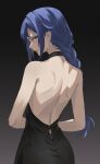  1girl absurdres alternate_costume back backless_dress backless_outfit black_dress blue_eyes blue_hair braid braided_ponytail dress from_behind highres izei1337 long_hair looking_back mushoku_tensei roxy_migurdia shoulder_blades sidelocks solo 