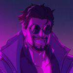  1boy beard black_background collarbone draven facial_hair gatopescado3 gradient_background grin jacket league_of_legends looking_at_viewer male_focus mustache pink_background portrait round_eyewear short_hair smile solo sunglasses teeth 
