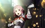  1girl armor blue_gemstone breastplate clenched_hand freckles gem gloves hair_ornament hairclip indoors lens_flare lisbeth_(sao) open_mouth pink_hair red_eyes red_ribbon red_sleeves ribbon short_hair solo sword_art_online upper_body white_gloves 