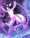  4_fingers abdominal_bulge andromorph anthro biped black_hair blue_eyes blush claws dragon egg fingers genitals hair hi_res intersex oviposition ovipositor plna pussy restrained solo tail tentacle_ovipositor tentacles white_body 