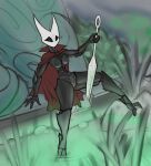  anthro arthropod black_body breasts cape clothing exoskeleton female genitals hi_res hollow_knight horn hornet_(hollow_knight) ksatti mostly_nude pussy solo spread_legs spreading team_cherry vessel_(species) weapon white_head 
