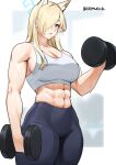  1girl abs absurdres animal_ear_fluff animal_ears bare_shoulders blonde_hair blue_archive blue_eyes blurry blurry_background breasts collarbone commentary commission cowboy_shot cromwellb dumbbell hair_over_one_eye halo heavy_breathing highres holding kanna_(blue_archive) long_hair looking_to_the_side pants parted_lips pixiv_commission sharp_teeth solo sports_bra sweat teeth thick_thighs thighs toned twitter_username white_sports_bra yoga_pants 