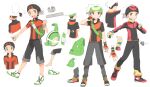  1boy :d backpack bag barefoot beanie bracelet brendan_(pokemon) brown_hair capri_pants commentary_request fingerless_gloves gloves green_bag hand_up hat holding holding_poke_ball jewelry male_focus multiple_views niimura_(csnel) open_mouth pants poke_ball pokemon pokemon_(game) pokemon_emerald pokemon_oras pokemon_rse premier_ball shirt shoes short_hair short_sleeves smile standing white_background white_footwear white_headwear zipper_pull_tab 