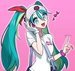  1girl :d aqua_hair bag beanie blue_bag blue_eyes blush bracelet collared_shirt commentary_request gloves green_hair gyein hair_between_eyes hair_ribbon hand_on_headphones hands_up hat hatsune_miku headphones highres index_finger_raised jewelry korean_commentary long_hair looking_at_viewer multicolored_hair musical_note open_mouth pink_background pokemon polo_shirt project_voltage psychic_miku_(project_voltage) red_ribbon ribbon shirt short_sleeves shoulder_bag single_glove smile solo twintails upper_body very_long_hair vocaloid white_gloves white_headwear white_shirt 