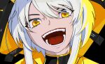  1girl black_hoodie cjcg8877 evil_smile hair_between_eyes highres hood hoodie karenina:_blast_(punishing:_gray_raven) karenina_(punishing:_gray_raven) open_mouth punishing:_gray_raven smile solo teeth tongue white_hair yellow_eyes yellow_hoodie 