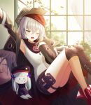  1girl armpits black_shorts character_doll commentary g11_(girls&#039;_frontline) girls&#039;_frontline green_headwear green_jacket grey_hair grey_shirt hair_between_eyes hat highres hk416_(girls&#039;_frontline) indoors jacket kimi_(jxrm5387) knee_pads one_eye_closed open_clothes open_jacket open_mouth red_footwear scarf shirt shoes shorts sitting sleeveless sleeveless_shirt solo stretching window yawning 