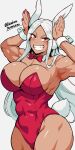  1girl :d absurdres animal_ears armpits arms_up bare_shoulders boku_no_hero_academia bow bowtie breasts cleavage covered_abs covered_navel dark-skinned_female dark_skin detached_collar hair_over_shoulder hands_up harurukan highleg highleg_leotard highres large_breasts leotard long_eyelashes long_hair looking_at_viewer mirko muscular muscular_female nail_polish obliques parted_bangs playboy_bunny rabbit_ears rabbit_girl rabbit_pose rabbit_tail red_bow red_bowtie red_eyes red_nails smile solo strapless strapless_leotard tail tail_through_clothes teeth thighs traditional_bowtie twitter_username white_background white_hair wrist_cuffs 