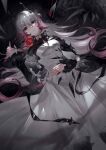  1girl absurdres arknights black_dress black_ribbon dress flower hand_in_own_hair hand_on_own_stomach highres horns infection_monitor_(arknights) long_hair looking_at_viewer onlly pink_hair puffy_sleeves red_eyes red_flower ribbon simple_background theresa_(arknights) white_dress white_hair 