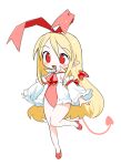  1girl blonde_hair blush chibi demon_tail detached_sleeves disgaea fang flonne flonne_(fallen_angel) full_body hairband kokaki_mumose leotard long_hair open_mouth pink_leotard pointy_ears red_eyes red_footwear red_wings smile solo tail wings 