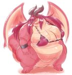  2023 anthro belly big_belly big_breasts breasts chain dragon female hair hi_res homemosaco horn long_hair non-mammal_breasts obese obese_anthro obese_female overweight overweight_anthro overweight_female red_body red_hair red_scales scales scalie simple_background solo standing tail thick_tail white_background wings 