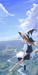  1girl absurdres apron black_dress black_footwear blonde_hair blue_sky bow braid broom broom_riding closed_mouth cloud day dress hair_bow hat hat_bow highres kirisame_marisa long_hair mary_janes midair naxile outdoors river shoes side_braid single_braid sky smile socks solo touhou waist_apron white_bow witch_hat yellow_eyes 