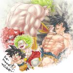  2boys abs bara blush broly_(dragon_ball_z) chibi chibi_inset cropped_legs crotch_grab dougi dragon_ball dragon_ball_z drooling eye_contact fleeing green_hair looking_at_another loving_aura male_focus multiple_boys muscular muscular_male navel nipples no_pupils pectorals short_hair sideburns size_difference son_goku spiked_hair stomach sweat tearing_up topless_male translation_request yaoi yukashita 