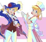  2girls apron blonde_hair chef_hat cowboy_shot dual_persona earrings flower hat highres holding holding_sword holding_weapon jewelry lipstick looking_at_viewer makeup mario_(series) multiple_girls onepointzero pastry_bag pink_background princess_peach princess_peach:_showtime! rose smile sword swordfighter_peach two-tone_background weapon white_background 