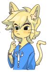 anthro black_eyes blue_clothing blue_topwear blush clothing eyebrows fur hi_res inner_ear_fluff male nintendo patrasche99 simple_background solo tail the_legend_of_zelda the_legend_of_zelda:_the_wind_waker thick_eyebrows toon_link topwear tuft v_neck_shirt wind_waker wristband yellow_body yellow_fur 