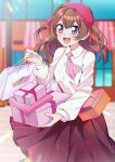  1girl :d absurdres ascot beret black_skirt blurry blurry_background box brown_hair casual collared_shirt commentary day delicious_party_precure depth_of_field gift gift_bag gift_box hair_ribbon hat highres holding holding_gift long_sleeves looking_at_viewer looking_to_the_side medium_hair medium_skirt mitsuki_tayura nagomi_yui open_mouth outdoors pink_ascot pleated_skirt precure purple_eyes purple_headwear purple_ribbon ribbon shirt skirt smile solo standing two_side_up white_shirt wing_collar 