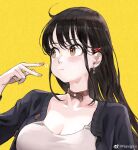  1girl :t big_sister_(seojh1029) black_hair black_jacket breasts brown_choker brown_eyes choker cleavage collarbone earrings hair_ornament hairclip hand_to_own_mouth highres jacket jewelry jun_(seojh1029) large_breasts long_hair looking_to_the_side open_clothes open_jacket original shirt solo sparkling_eyes upper_body weibo_logo weibo_username white_shirt yellow_background 