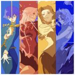  4girls arisugawa_juri border closed_mouth drill_hair hair_intakes himemiya_anthy holding holding_sword holding_weapon hongtang0 jacket kaoru_kozue limited_palette long_hair long_sleeves multiple_girls open_mouth shoujo_kakumei_utena standing sword sword_of_dios tenjou_utena tiara weapon white_border 