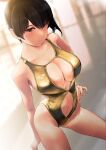  1girl black_hair blurry blurry_background breasts brown_eyes cleavage cleavage_cutout closed_mouth clothing_cutout collarbone commentary_request gold_one-piece_swimsuit hair_between_eyes hand_on_own_hip highres kaga_(kancolle) kantai_collection large_breasts light_blush looking_at_viewer medium_hair navel navel_cutout one-piece_swimsuit pool side_ponytail solo standing swimsuit wa_(genryusui) 