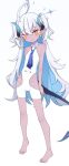  ahoge barefoot blue_archive blue_horns dark-skinned_female dark_skin flat_chest full_body halo horns looking_at_viewer nta_(drapa_box10) orange_eye pointy_ears simple_background standing sumomo_(blue_archive) tail toes white_background white_hair 