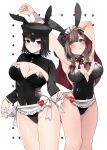  2girls absurdres ahoge akitsu_maru_(kancolle) alternate_costume animal_ears armpits black_capelet black_eyes black_hair black_headwear black_leotard blush braid breasts brown_eyes brown_hair capelet cleavage closed_mouth commission enmaided fake_animal_ears groin hair_between_eyes hat heart highres hood hooded_capelet kantai_collection large_breasts leotard long_hair long_sleeves maid maid_headdress military_hat multiple_girls parted_lips peaked_cap rabbit_ears shinshuu_maru_(kancolle) short_hair skeb_commission strapless strapless_leotard toriniku_senshi_chikinman twin_braids white_background wrist_cuffs 