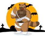  2023 anthro belly big_belly blush brown_body brown_fur bulge canid canine clothing fur givemepudding3 halloween halloween_costume hi_res holidays kemono male mammal moobs mummy_costume nipples overweight overweight_male raccoon_dog solo tanuki underwear young 