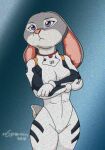  2018 anthro artist_name breasts clothing cosplay crossed_arms digital_media_(artwork) disney ears_back female fur grey_body grey_fur hi_res judy_hopps lagomorph leporid mammal multicolored_body multicolored_fur neon_genesis_evangelion pivoted_ears purple_eyes rabbit scut_tail short_tail small_breasts solo suit tail tight_clothing two_tone_body two_tone_fur xxsparcoxx zootopia 