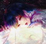  1girl black_hair commentary_request constellation frilled_sleeves frills head_rest highres houraisan_kaguya kyogoku-uru long_hair long_sleeves looking_at_viewer moon on_moon open_mouth red_lips shirt solo space tongue tongue_out touhou upper_body white_shirt yellow_eyes yellow_nails 